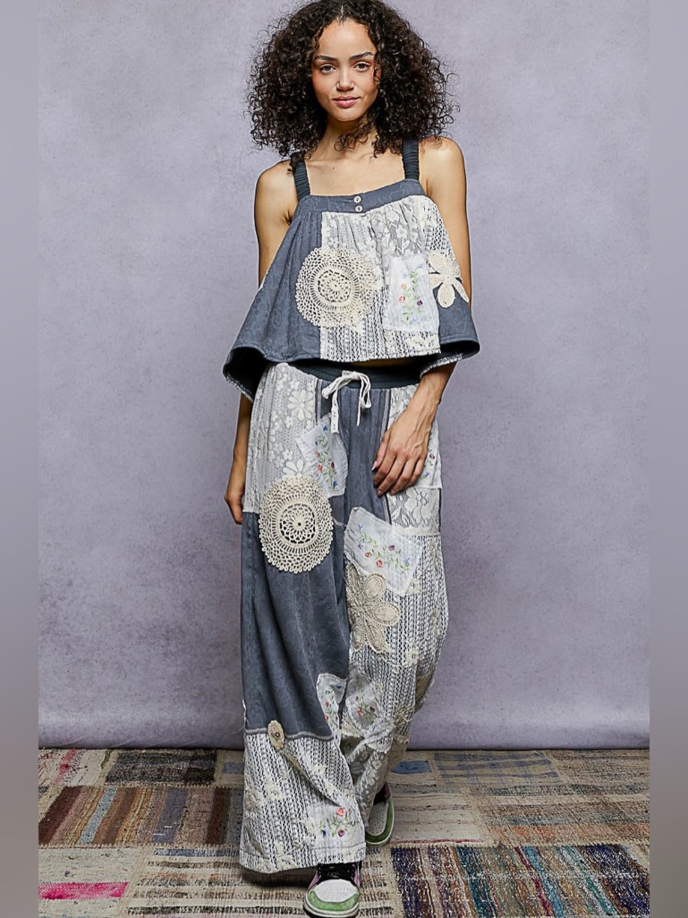 POL Blue Patchwork Cropped Jumpsuit Set with Lace Appliqué - Picture 7 of 11